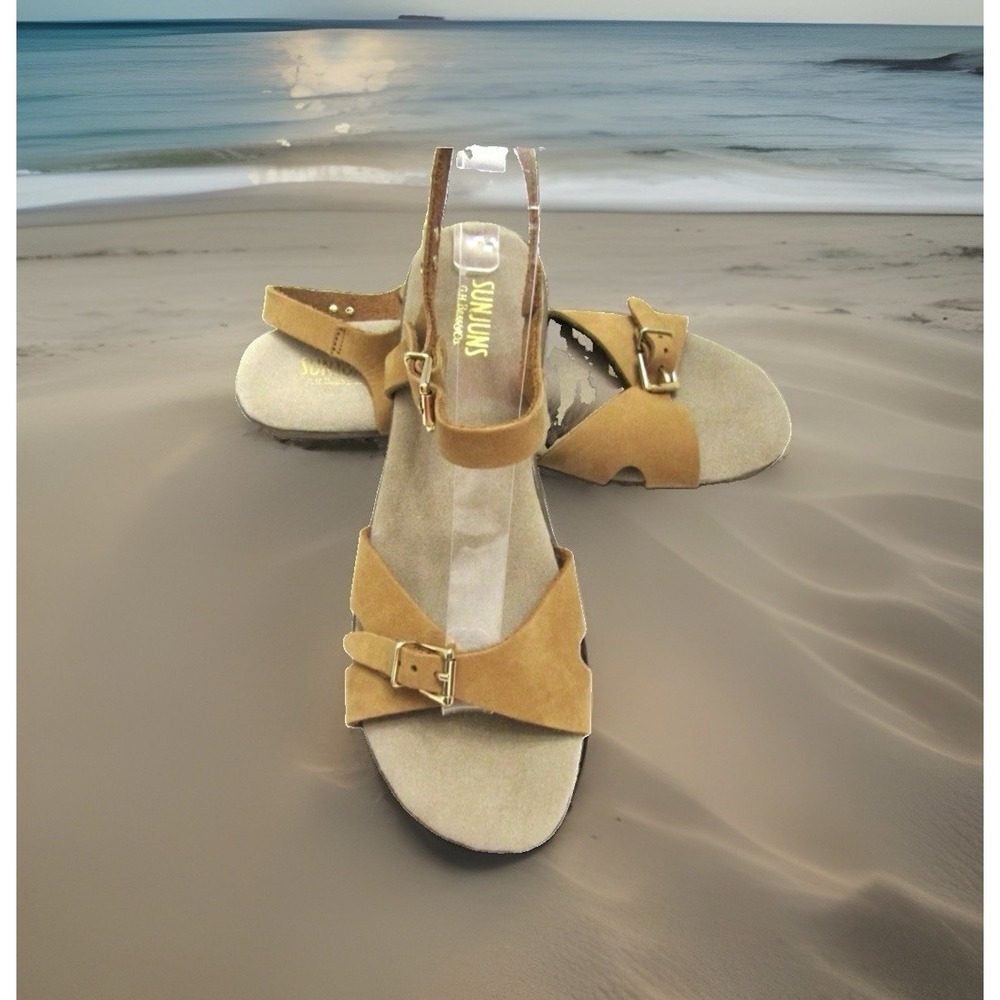 GH Bass Sunjuns Strappy Flat Sandals TAN-BROWN LEATHER /Buckles JOANNE SZ: 9.5W